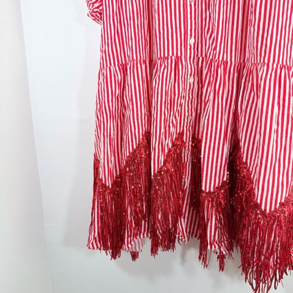 Fantastic Fawn Red White Stripe Sequin Tassel Fringe Shirt Dress Small College - Picture 5 of 14